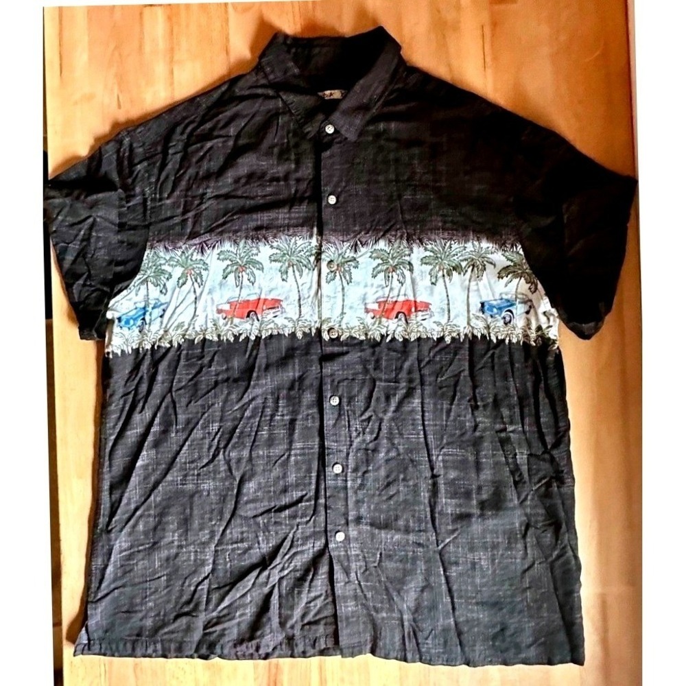 Batik Bay Mens XL Black Rayon Tropical Vintage Car Palm Tree Border Camp Shirt